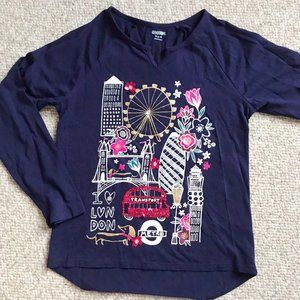 Gymboree Navy Blue London bridge Red Bus Sparkly Sequined Shirt Top Girls 7 8